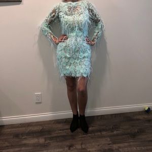 turquoise cocktail dress w faux ostrich feathers